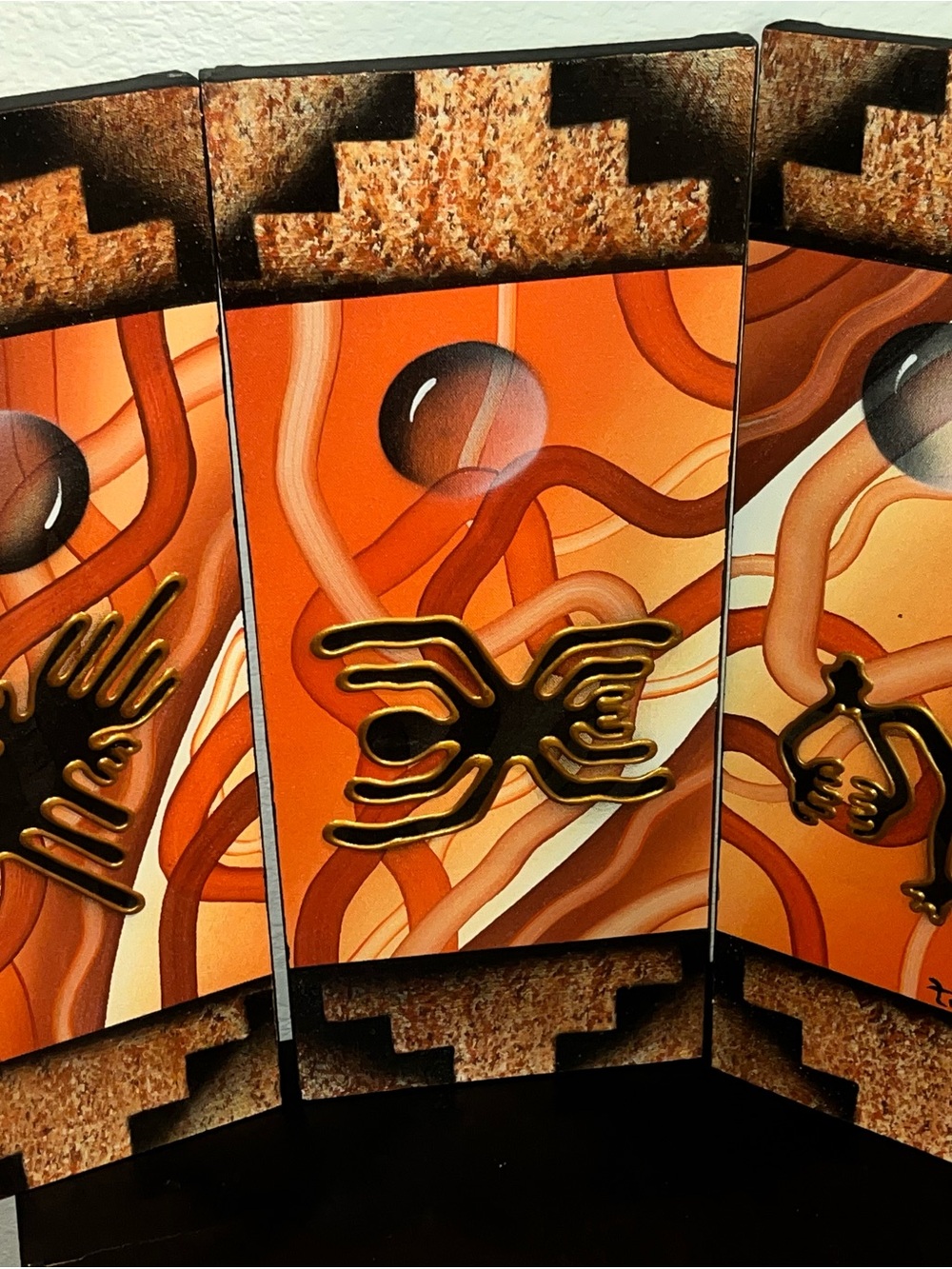 Original Peruvian Triptych Artist Signed Orange/Black/Gold Paint on Canvas 7x21